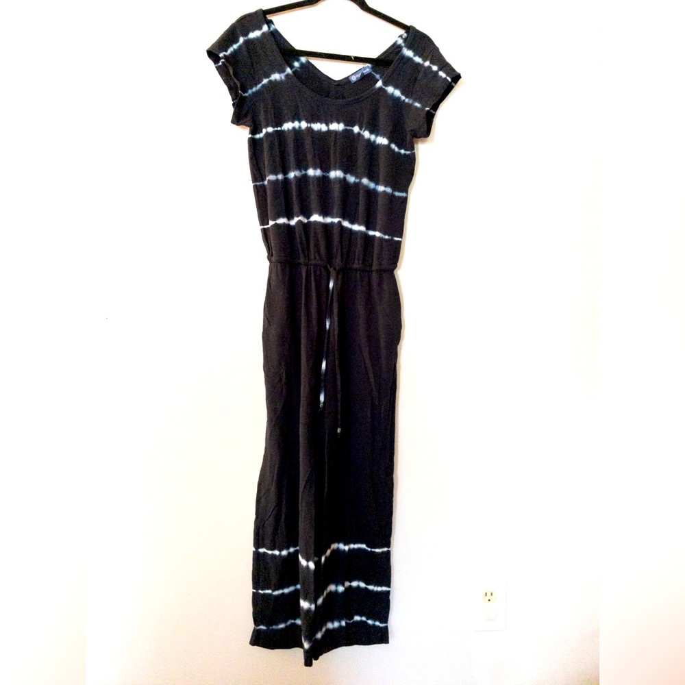 Democracy Navy White Cropped Tie-Dye Jumpsuit Straight Leg